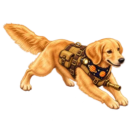 Golden retriever in digging harness and planet-pattern bandana